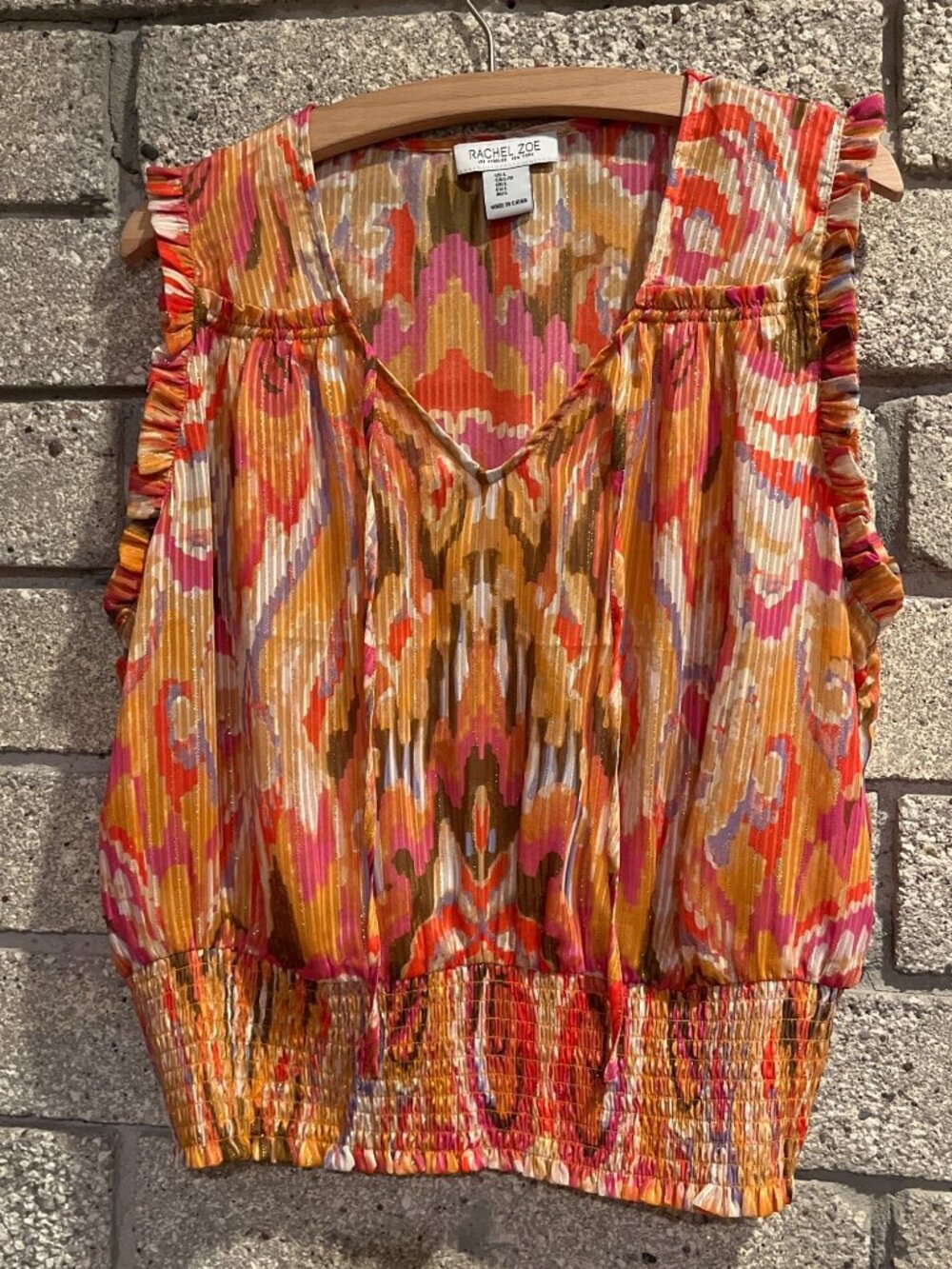 Rachel Zoe Womens Multicolor Sleeveless V-Neck Ruffle Blouse With Smocked Hem -